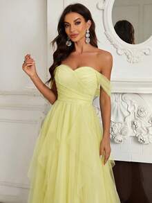 SHEIN Belle Vestido de dama de honor con hombros descubiertos, fruncido en el pecho, volantes asimétricos multicapa en el bajo - Amarillo - Ver 7