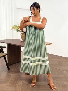 Lounesse Plus Size Vacation Casual Striped Lace Trim Cami Dress Casual Vacation Going Out Set For Women Casual Green Dress For Women - Multicolor - View 3