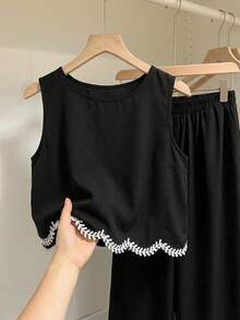 SHEIN PETITE CURVE 大码休闲无袖上衣和裤子两件套 - 黑色 - 查看 6