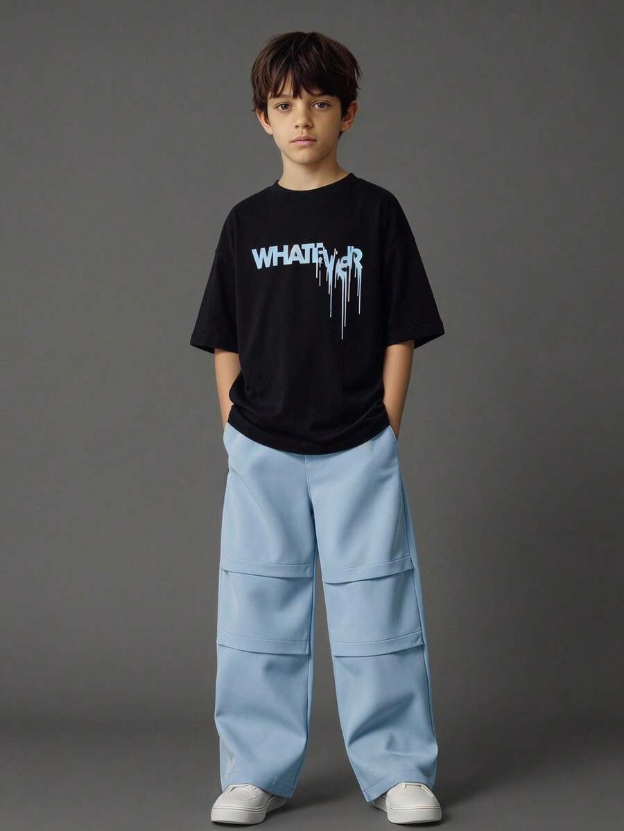 SHEIN Casuvi Kids 两件套青少年男童字母印花圆领短袖T恤和短裤休闲套装 - 藍色 - 查看 1