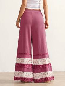 Bohemela Pantalones casuales holgados con estampado floral pequeño y ribete de encaje en contraste para mujer - Rojo - Ver 7