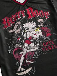 Betty Boop | ROMWE Women's Summer Casual Streetwear Fashion Street Style Daily Commute City Break Holiday Cartoon Character Letter Print V-Neck Short Sleeve T-Shirt - Black - View 4