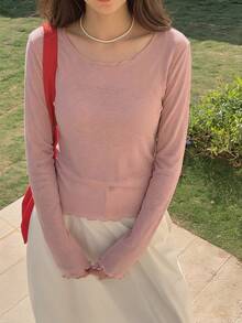 DAZY Kaos Dalam Wanita Lengan Panjang Transparan Motif Polkadot dengan Kerah Bulat, Musim Semi/Panas - Berwarna merah muda - View 6