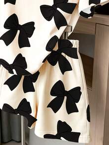 2pcs/Set Young Girl Retro Sweet Black Bow Print Casual Minimalist Short Sleeve T-Shirt And Flare Leg Pants, Suitable For Summer - Multicolor - View 4