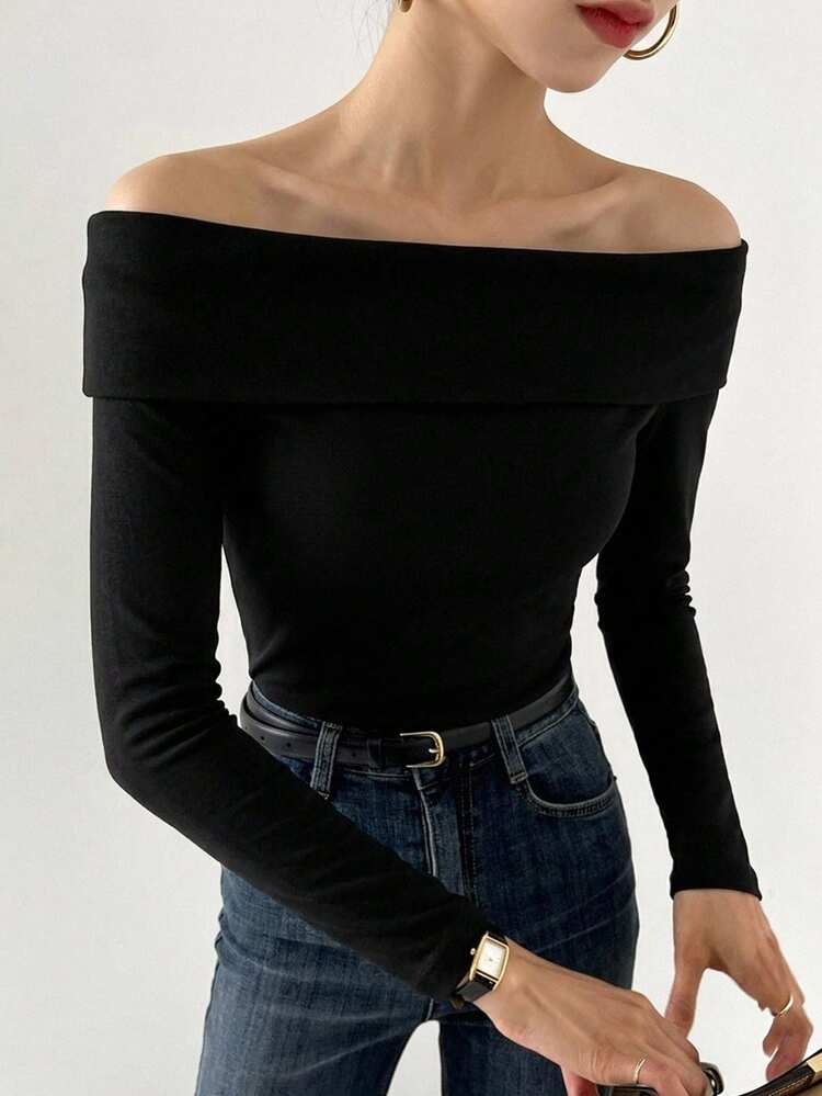 Spring Summer Loose Business Casual Style Fashion Office Wear Street Design Off-Shoulder Long Sleeve Women's T-Shirt