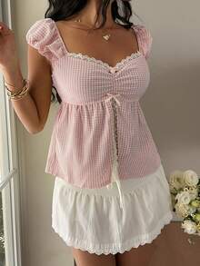 Sunnyshic Camisa Casual de Férias Feminina com Busto Franzido, Estampa Xadrez e Bainha com Fenda Lateral - Rosa chiclete - Visão 6