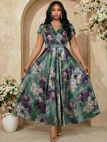 Fleurora 大码女士优雅印花连衣裙，夏季婚礼宾客礼服 - 綠色 - 查看 3