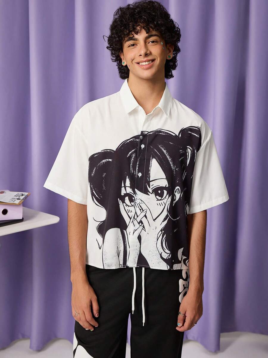 FROVYX Men's Loose Fit Cartoon Character Allover Print Short Sleeve Shirt, Suitable For Summer, Gifting Men's Cropped Tops Cropped Graphic Shirt - White - View 1