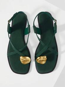 MOTF PREMIUM LADIES BURGUNDY CASUAL FASHION COMMUTER AND VACATION STYLE MINIMALIST CASUAL OPEN-TOED CROSSING FLAT SANDALS SUMMER SHOES - velvet green - View 1