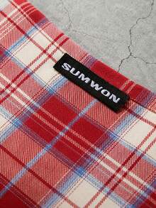 SUMWON Cropped Flannel Plaid Shirt Short Sleeve Button Down Chest Pocket Raw Hem Casual Streetwear - Red and White - View 5