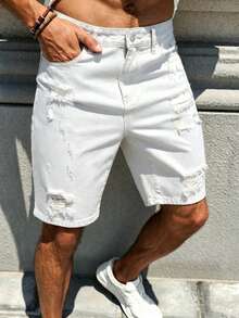 Manfinity Homme Men's Spring Summer Street Style Casual Distressed Ripped Straight Leg White Denim Shorts - White - View 3