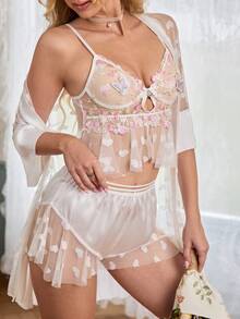 CottageSlumber Heart-Shaped Mesh & Faux Silk Patchwork Embroidered Floral Sexy Sheer Robe Set With Belt For Women - Multicolor - View 3