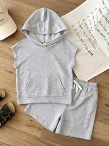 SHEIN 2pcs Kids Boys Casual Matching Outfit - Green Hoodie Top With Patch Loose Shorts, Soft Knit Fabric, Versatile For Outings, Home, School Family Vacation Summer - Grey - View 4