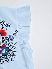SHEIN Franclia 女款花卉印花荷葉邊飾優雅花卉襯衫 - 藍色 - 查看 4