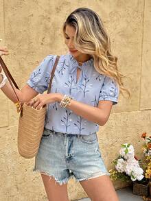 Elyressa Elegant Romantic French Printed Travel Commuting Brunch Vacation Work Lady's Pullover Top Summer Short-Sleeved Shirt Navy Blue Floral - Blue - View 3