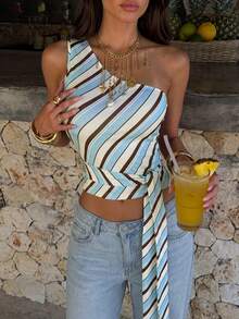 Privoire French Coastal Minimalist Striped Asymmetrical Shoulder Tie-Up Crop Top Summer Sexy Slim Fit Versatile Camisole Beach Vacation Blue And White Stripe - Multicolor - View 1