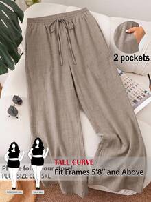 SHEIN Tall CURVE Plus Size Casual Smart Casual Minimalist Chocolate Brown Elastic Waist Loose Pants Vacation Autumn - Light Grey - View 1