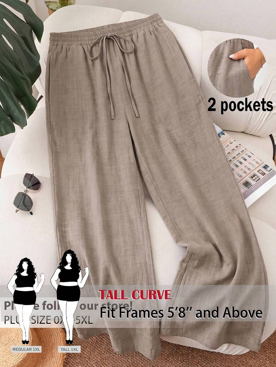 SHEIN Tall CURVE Plus Size Casual Smart Casual Minimalist Chocolate Brown Elastic Waist Loose Pants Vacation Autumn - Light Grey - View 1