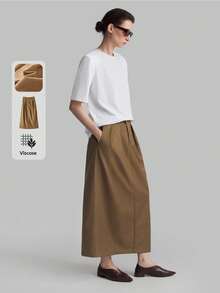 Ontre Women's Espresso Brown Winter Elegant Office Casual Solid Color Pleated Maxi Skirt,Modern Urban Minimalist Retro Style Bohemian Vacation Long Skirt - Brown - View 3