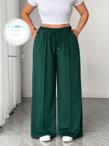 Elenzga Plus Size Women Elegant Casual Loose Solid Green Wide Leg Pants With Tie - Dark Green - View 1