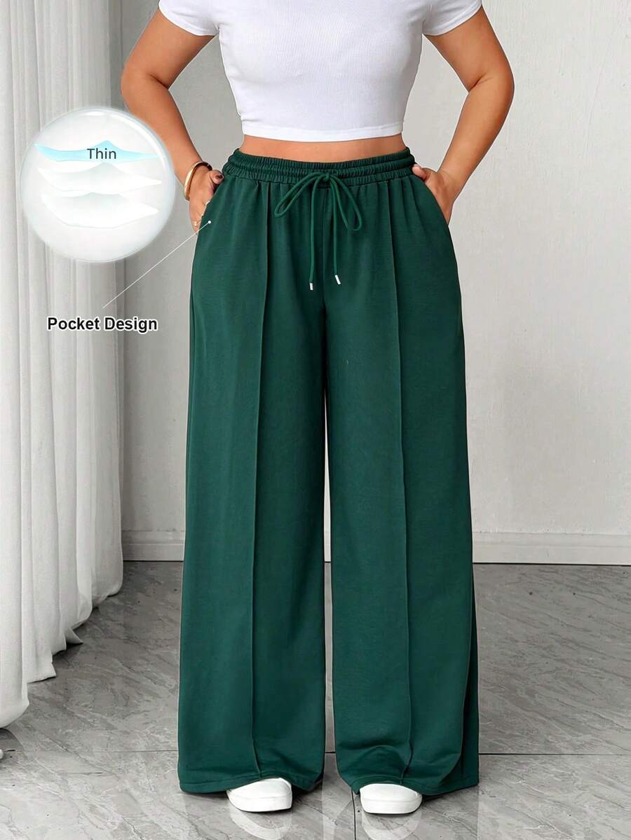 Elenzga Plus Size Women Elegant Casual Loose Solid Green Wide Leg Pants With Tie - Dark Green - View 1