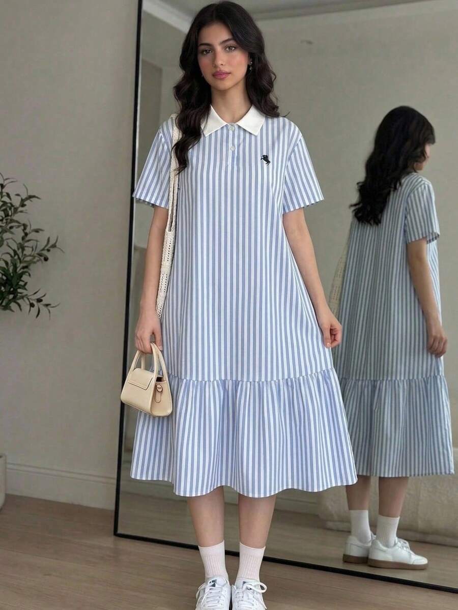 Teen Girl Polo Collar Striped Embroidered Short Sleeve Midi Dress,Baby Blue,Summer,Y2k,Holiday,Back-To-School,Contrast Ruffle Button Front Outwear - Blue - View 1