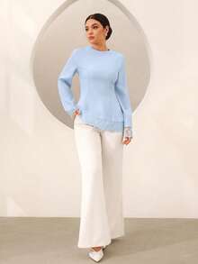 Graceveil Blus Wanita dengan Hiasan Renda, Manset Pinggang, dan Hem Asimetris - Biru - View 4