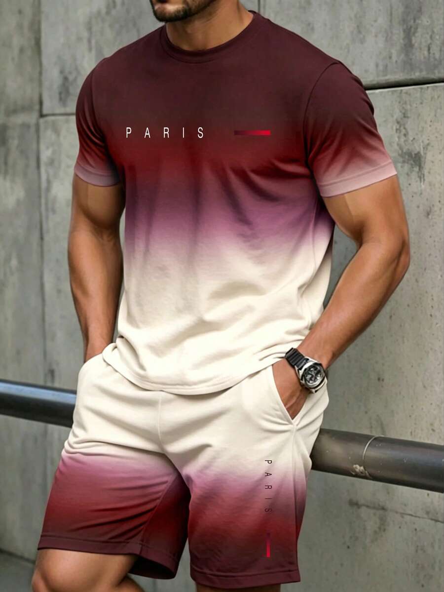 Manfinity Homme 男士渐变字母印花短袖T恤和短裤休闲日常穿搭 - 彩色 - 查看 1