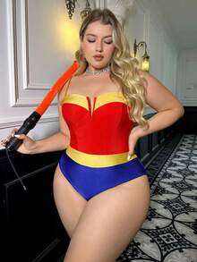 Fantasy Costume Fantasy Costume 大尺碼女款對比色性感連身式內衣情趣裝 - 紅色 - 查看 5
