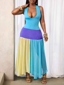 BamGleam Women's Long Colorblock Dress, V-Neck Beach Vacation, Layered, Holiday, Date Night, Birthday, Bachelorette Party, Cocktail Party, Formal Event, Gyaru Style, Casual Day, Carnival - Multicolor - View 4