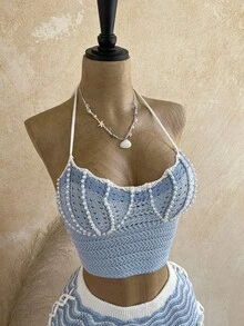 Soleia Conjunto de 2 piezas para mujer con top de punto con cuello halter decorado con perlas falsas y shorts de punto a rayas - Multicolor - Ver 3