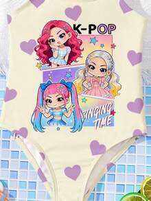 Cream White, Cute Cartoon Girl & Heart Pattern, Young Girls' Casual Minimalist One-Piece Swimsuit, Suitable For Summer - Multicolor - View 5