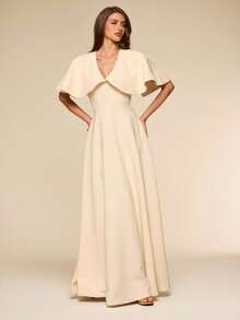 SHEIN BAE Apricot Deep V-Neck Ruffle Shoulder Fitted Long Elegant Umbrella Skirt, Spring/Summer - Apricot - View 6