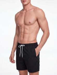 Manfinity KASUA Men's Solid Color Pocket Drawstring Waist Beach Shorts, Suitable For Summer Swimming Shorts For Men - Black - View 1