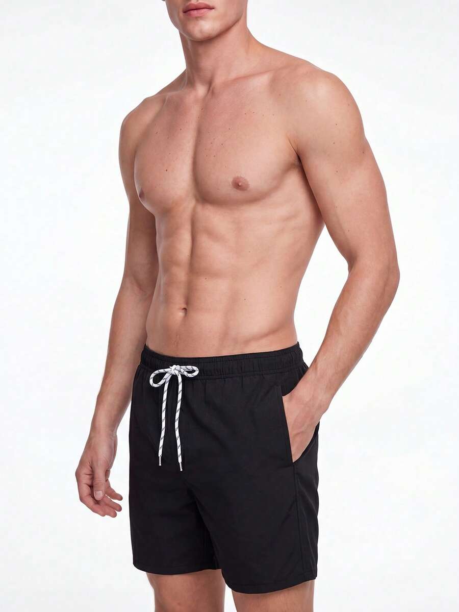 Manfinity KASUA Men's Solid Color Pocket Drawstring Waist Beach Shorts, Suitable For Summer Swimming Shorts For Men - Black - View 1