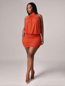 Radiana Plus Size Women's Spring Summer Elegant Basic Halter Backless Ruffle Decor Mini Bodycon Dress Suitable For Office Date Night Party Prom Burnt Orange - Orange - View 6