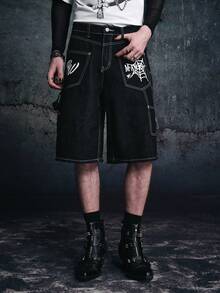 Vyqestra Quần short denim in họa tiết phong cách đường phố cho nam, mùa hè - Màu xanh lam - Xem 3