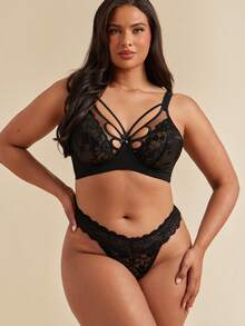 SHEIN BAE 1pc Plus Size Lace Contrast Mesh Underwire Bra - Black - View 4