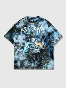 ROMWE MEN Men's Round Neck Fashionable Printed & Tie-Dye Short Sleeve T-Shirt, Summer - Blue - View 1