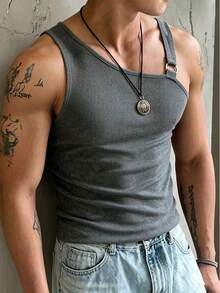 Manfinity Dauomo Men's Summer Fashion Solid Color Asymmetric Collar Tank Top Night Party Rave Charcoal Gray Hot Girl Sexy Techno - Dark Grey - View 3
