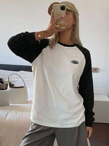 DAZY Letter Patched Colourblock Raglan Sleeve Tee - Black and White - View 9