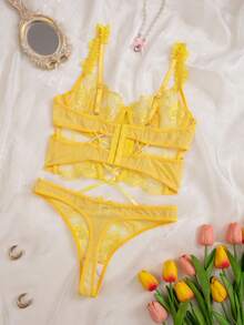 SHEIN Conjunto sexy de 2 piezas transparente con bordado - Amarillo - Ver 7