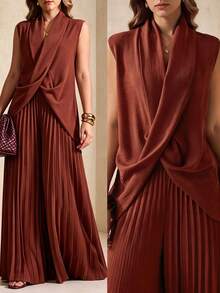 Elegantrix Plus Size Women's Spring/Summer Crossed Slit Blouse, Elegant Commuting Outfit - Redwood - View 1