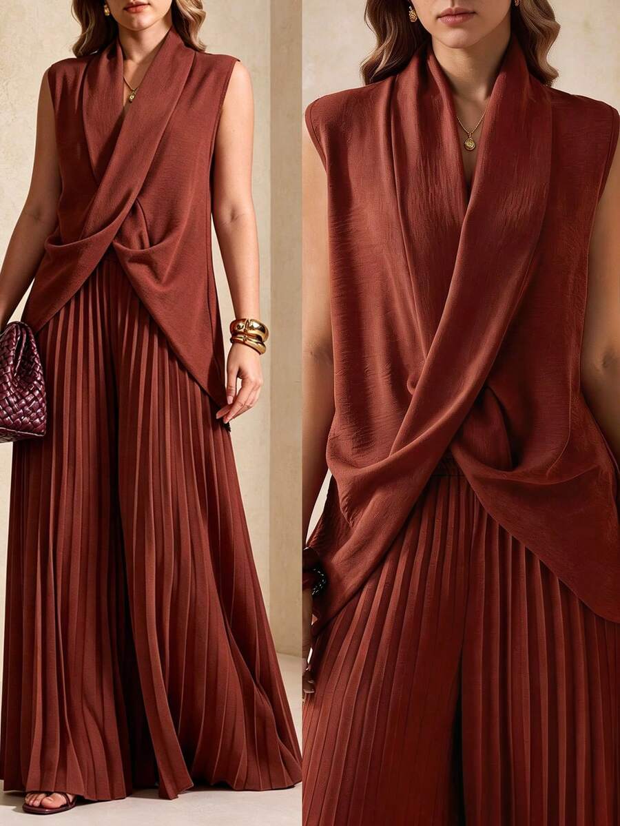 Elegantrix Plus Size Women's Spring/Summer Crossed Slit Blouse, Elegant Commuting Outfit - Redwood - View 1