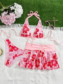 Bellisia 女款夏季海灘音樂節花卉圖案裙掛脖休閒度假風比基尼三件套 - 彩色 - 查看 3