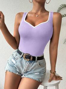 Chiquease Contrast Color Heart Collar Sleeveless Fitted Tank Top - Mauve Purple - View 6