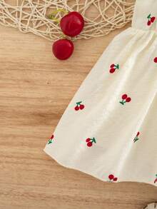 SHEIN Newborn Baby Girl Casual Vacation Cute Cherry Flutter Sleeve Dress - Beige - View 7