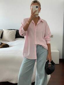 DAZY Striped Drop Shoulder Shirt,Fall Clothes Long Sleeve Top - Baby Pink - View 13
