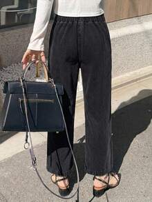 DAZY Elastic Waist Wide Leg Jeans - Black - View 10