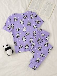 Tween Girl Cute Panda & "Sleep" Print Purple Short Sleeve & Pants Snug Fit Pajama Set - Multicolor - View 2